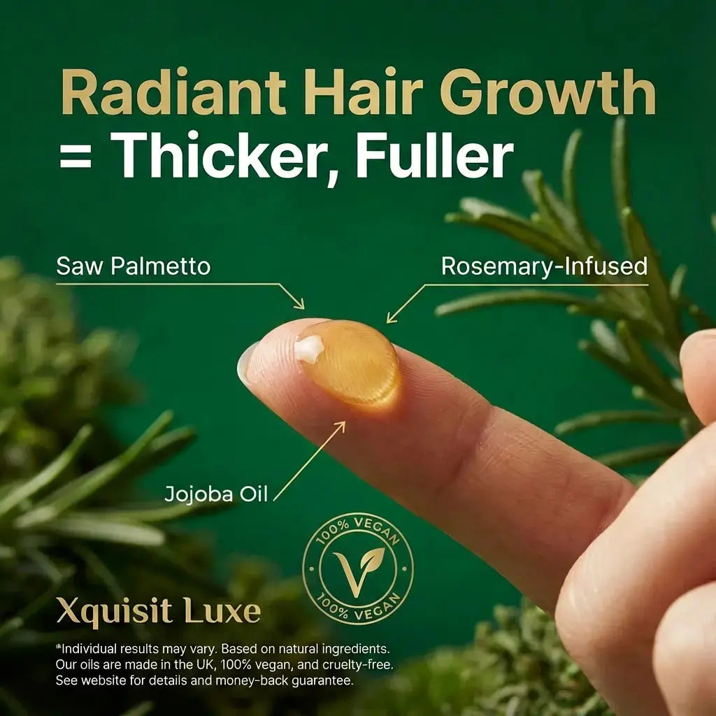 Hand holding a vegan drop of hair growth rosemary oil with natural ingredients labeled, set against a green background with plant elements.