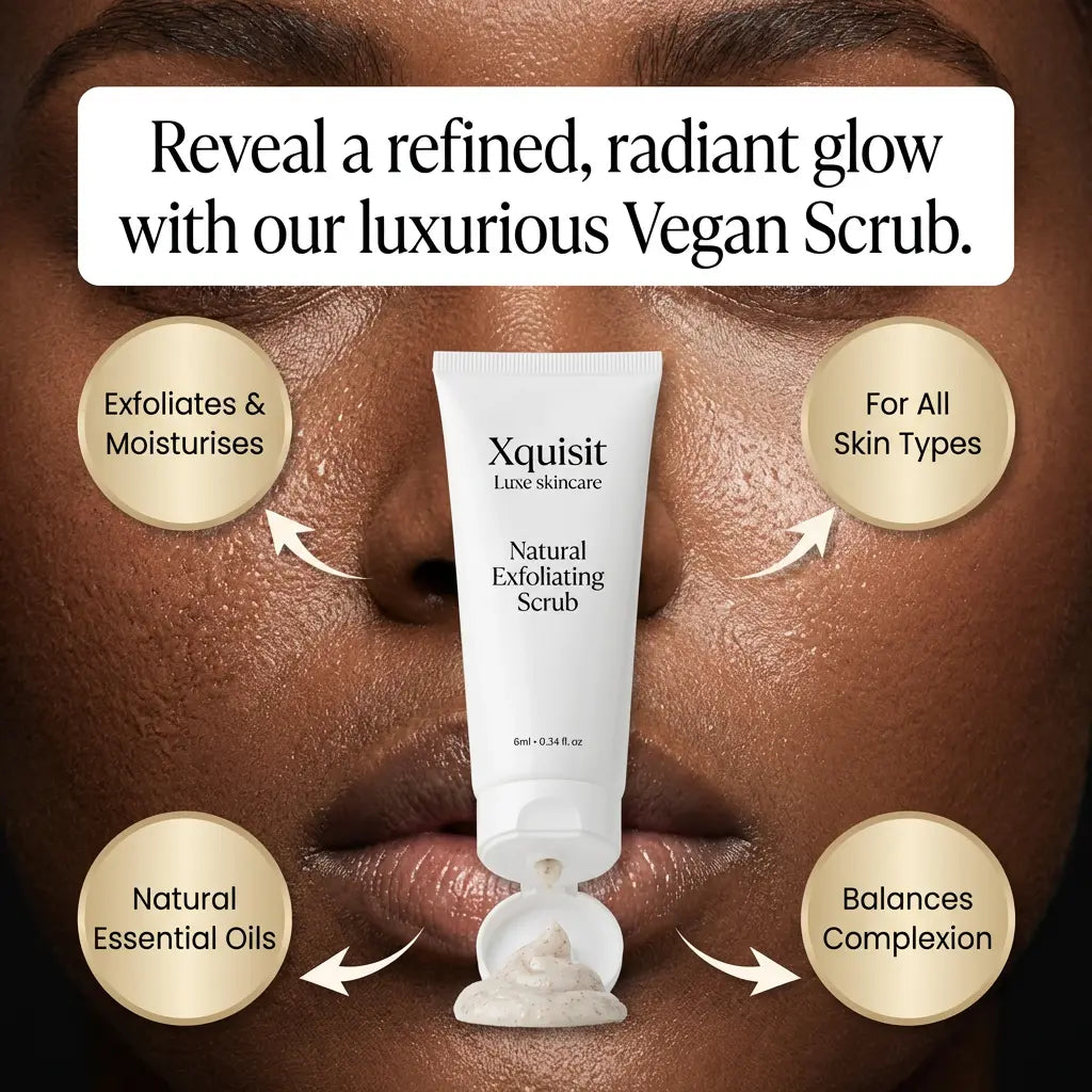 Xquisit Vegan Scrub with benefits on a close-up of skin