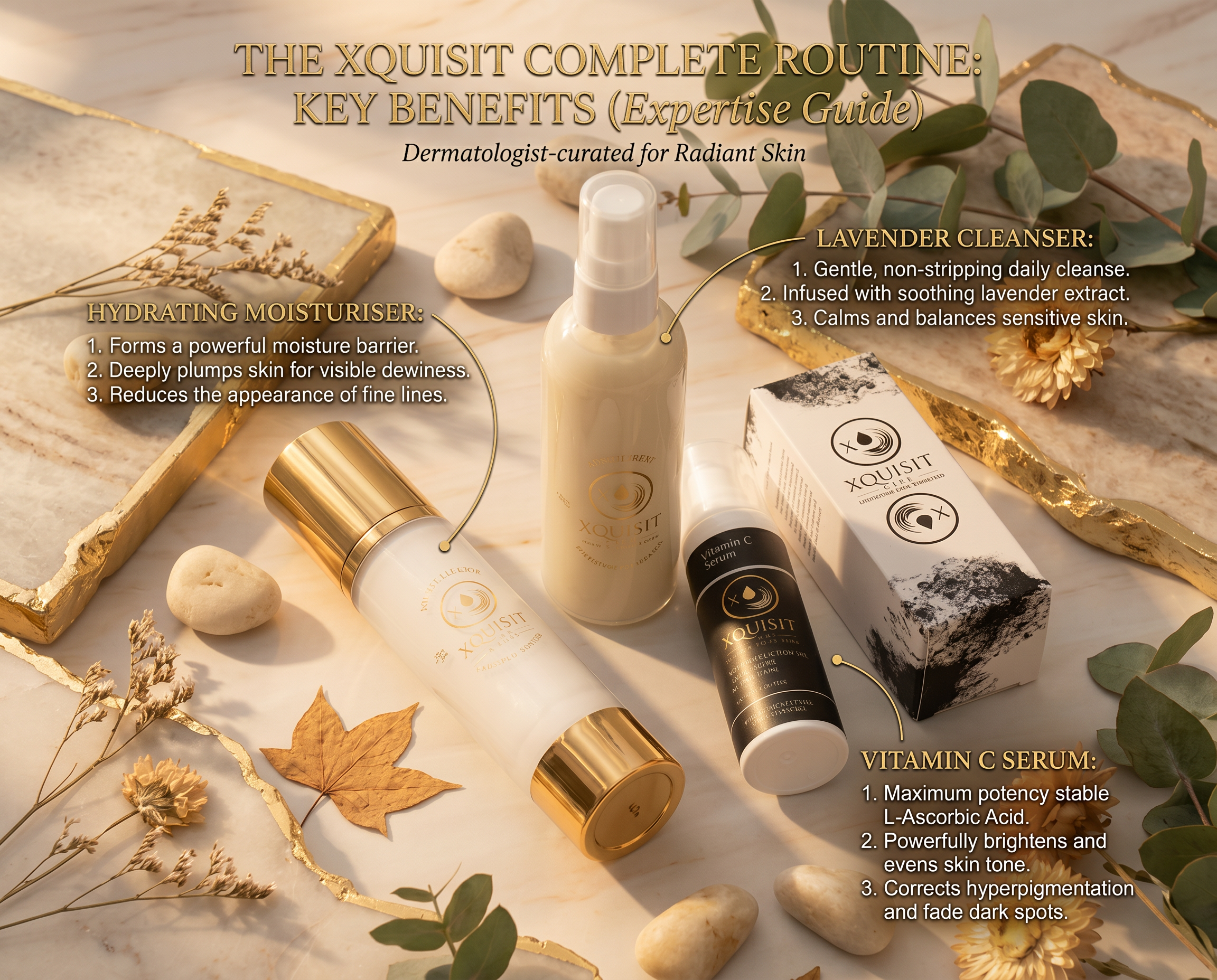 Xquisit Luxe cleanser, moisturiser and vitamin c serum