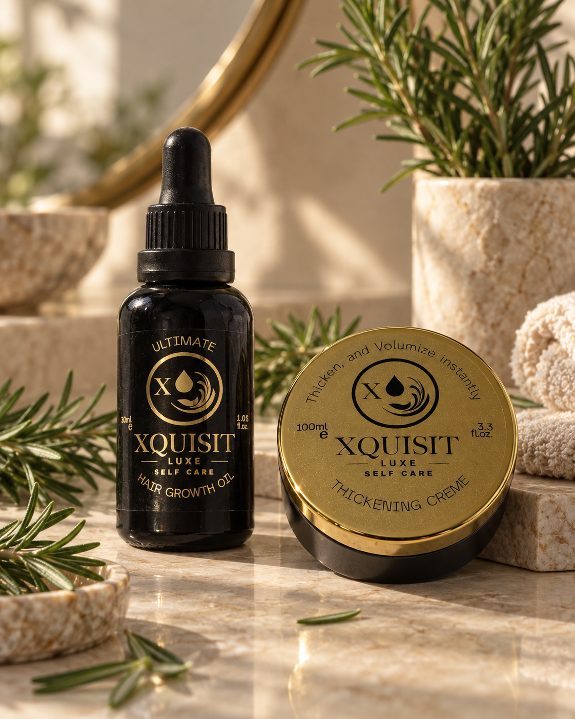 Xquisit Luxe Rosemary Scalp & Fullness Duo: 30ml hair oil and 100ml thickening cream with rosemary sprigs.