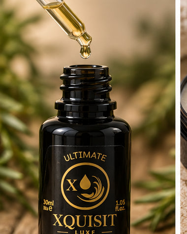Dropper holding golden oil above an open Xquisit 30ml hair oil bottle.