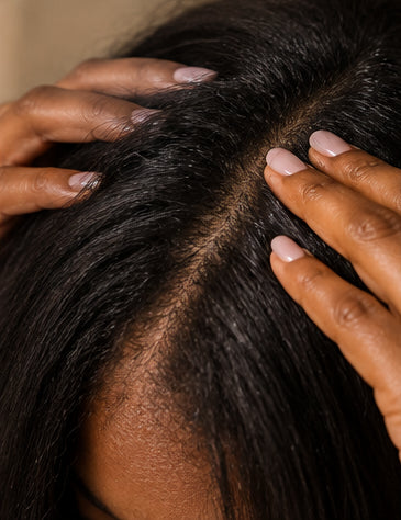 Hands resting on parted dark hair along the scalp.