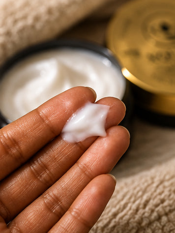White thickening cream on fingertips with the open jar in the background.