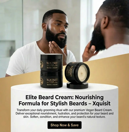 Man applying beard cream in front of a mirror with Xquisit branding.