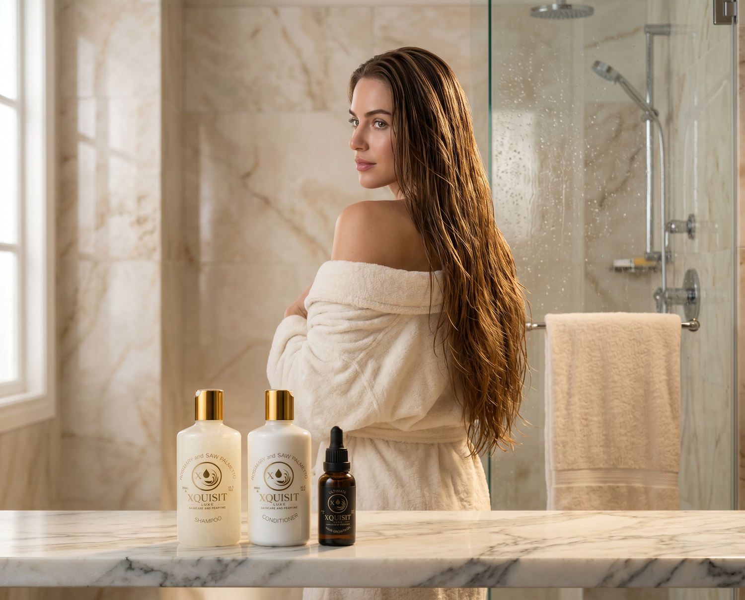 Woman in a towel standing in a bathroom with Xquisit skincare products on a counter.