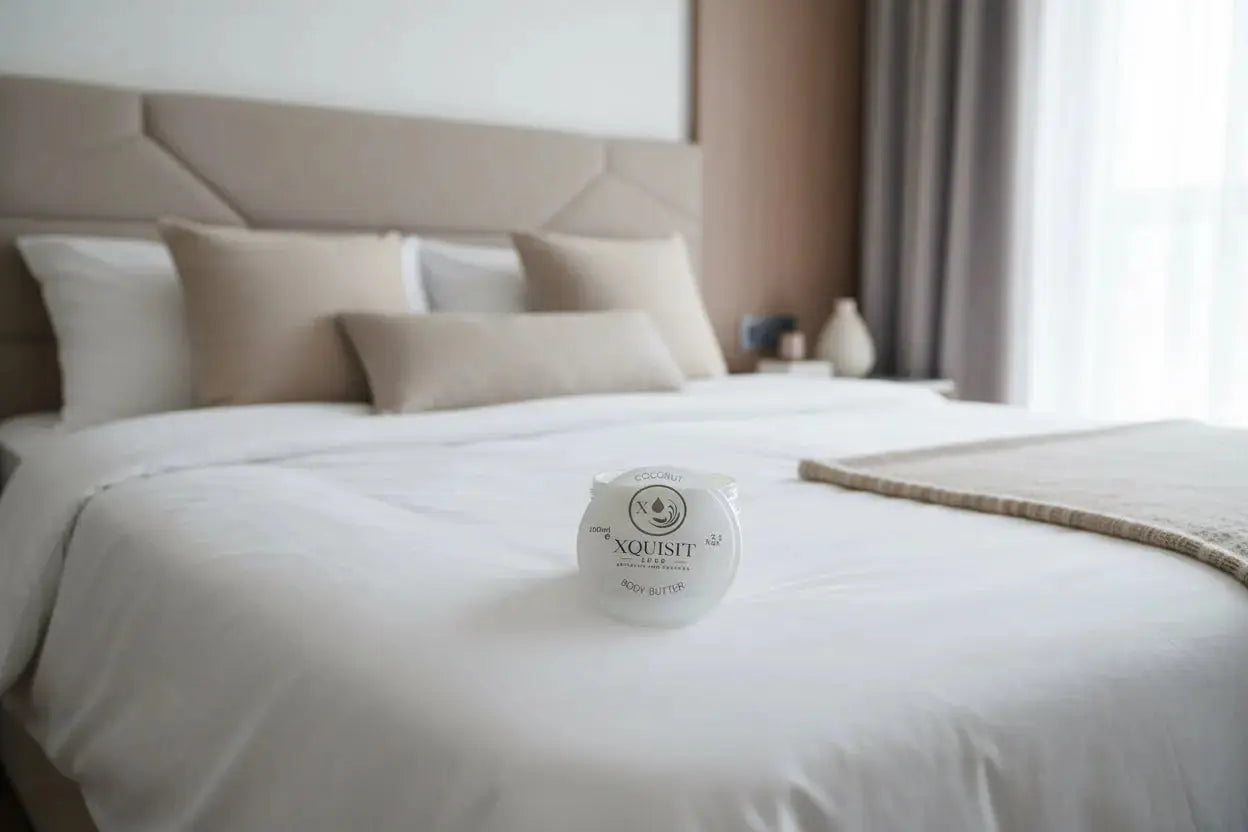 Xquisit coconut body butter container on a gray surface with a phone and jar in the background.