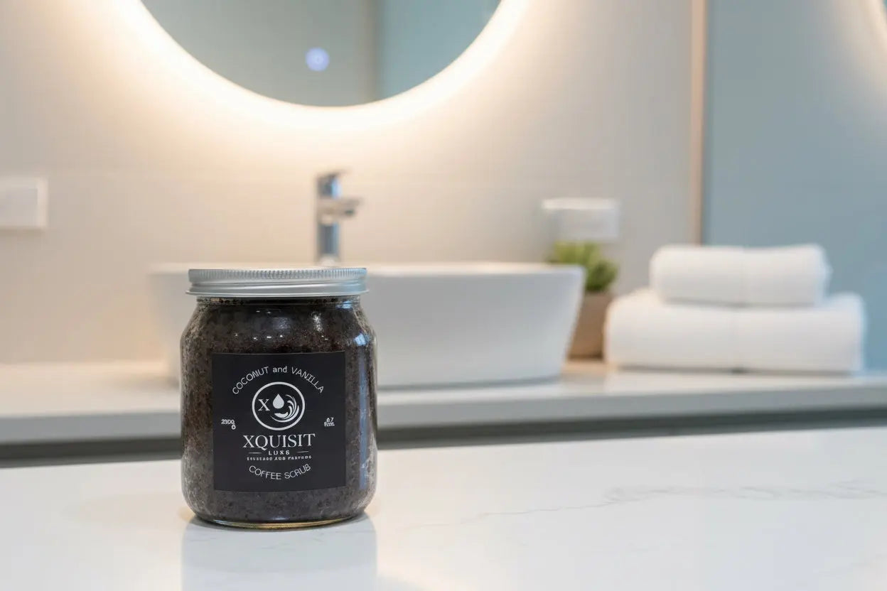 Jar of Xquisit Coffee scrub on a textured surface