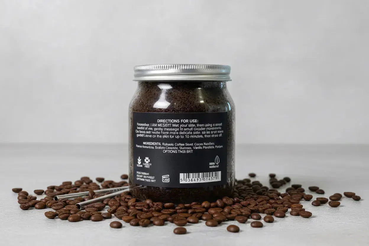 Xquisit Luxe coffee body scrub jar with a black label on a gray surface