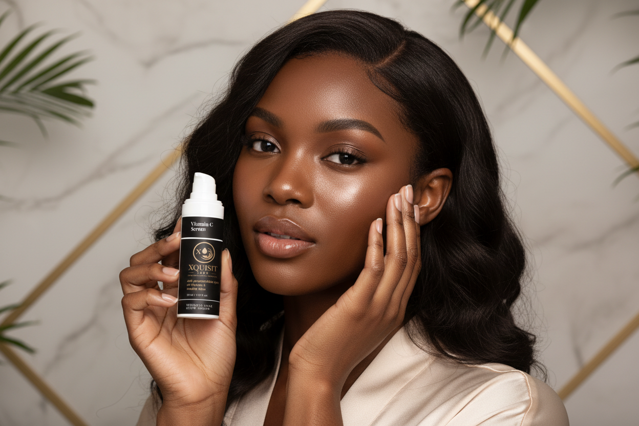 Black female model holding Xquisit Glow up Serum close to face