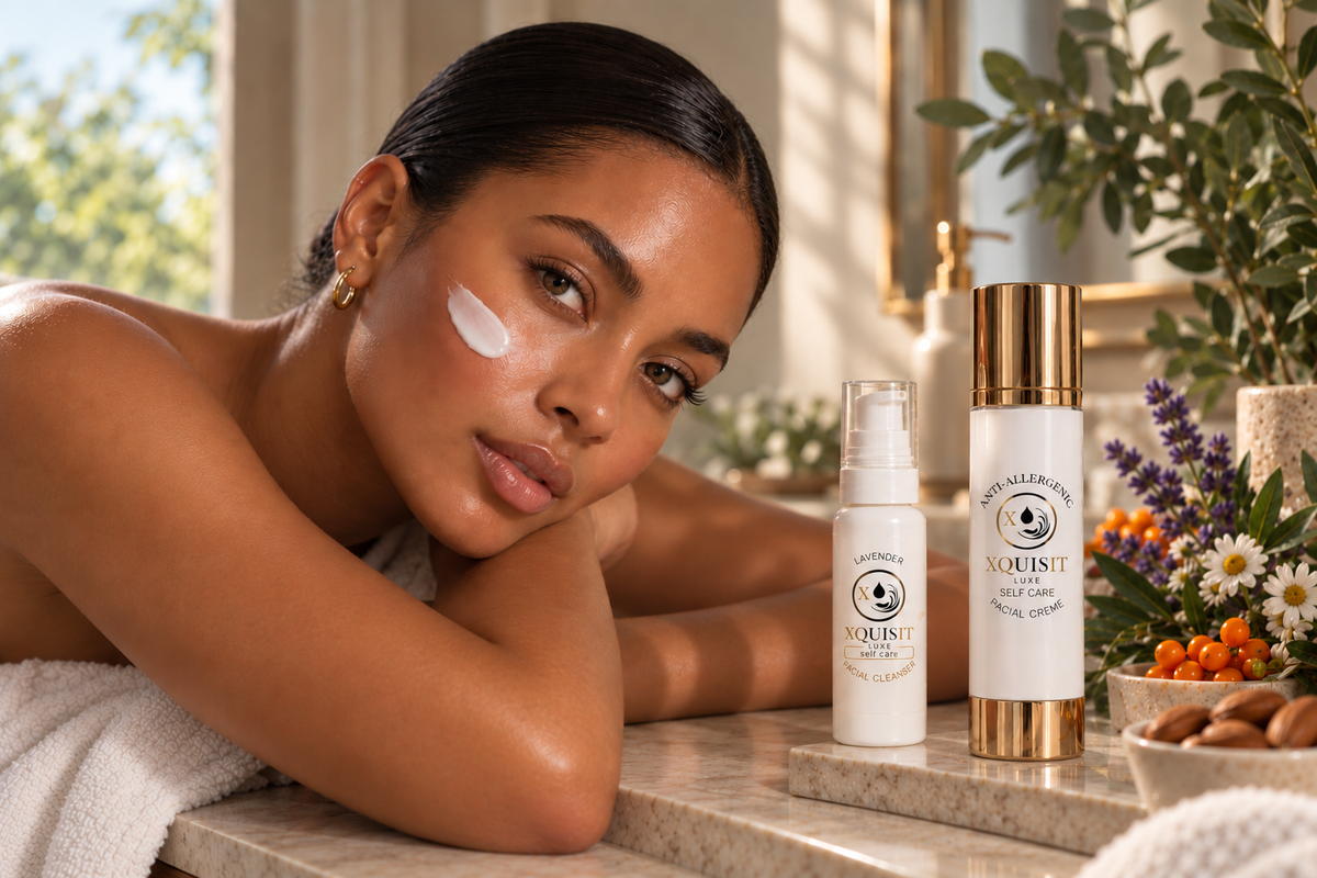 Model with facial cream on her cheek beside Xquisit facial cleanser and moisturiser in a sunlit bathroom.