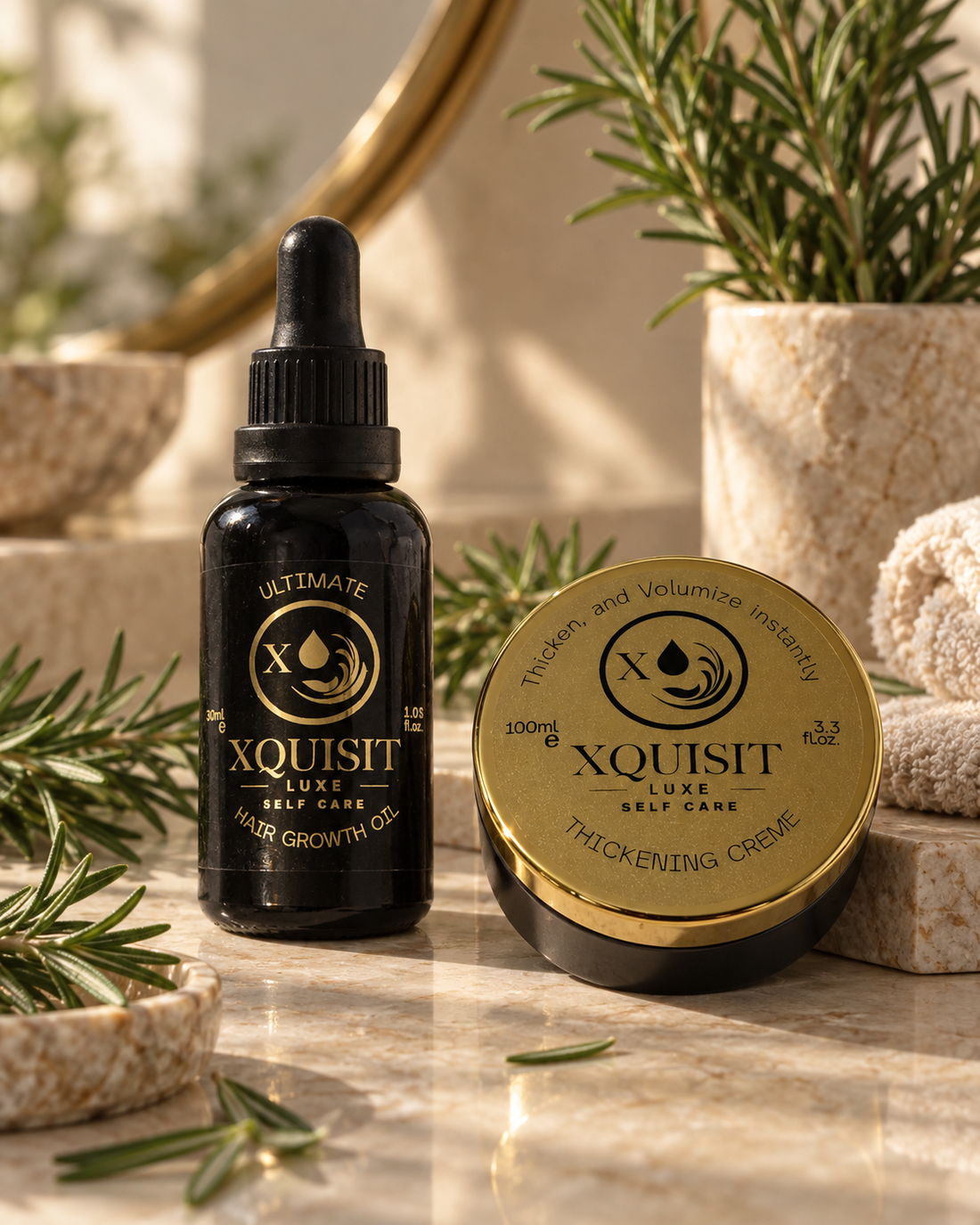Xquisit Luxe Rosemary Scalp &amp; Fullness Duo: 30ml hair oil and 100ml thickening cream with rosemary sprigs.