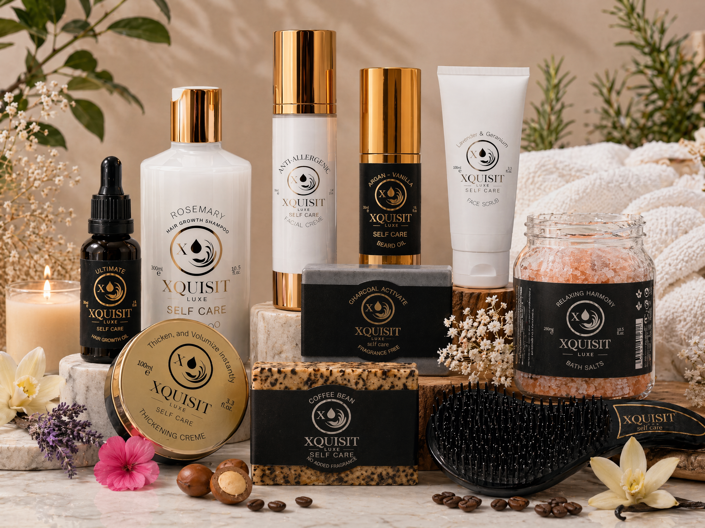 A collection of Xquisit Self Care skincare and body care products arranged on a marble surface with decorative flowers, candles, and a towel in the background. The products include a lip care bottle, a dropper bottle, a pump bottle, a tube, a jar of bath salts, and several boxed and bar items.